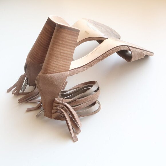 BCBGeneration Cydney Fringe Trimmed Taupe Suede Sandals Block Heels Women Size 6 - Picture 4 of 16